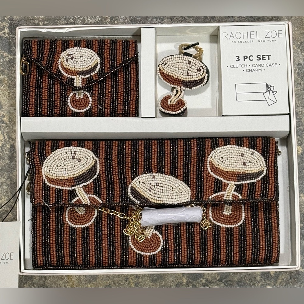 Rachel Zoe Beaded Clutch 3 Pc Set Clutch Card Case Charm “Espresso Martini” NWT